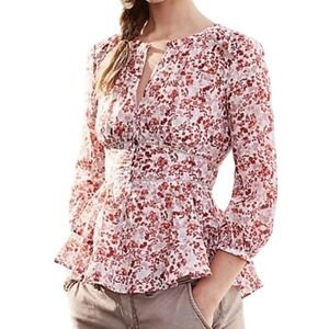 Moulinette Soeurs Peplum Blouse Womens 4 Rust Floral Lace Trim Button Front